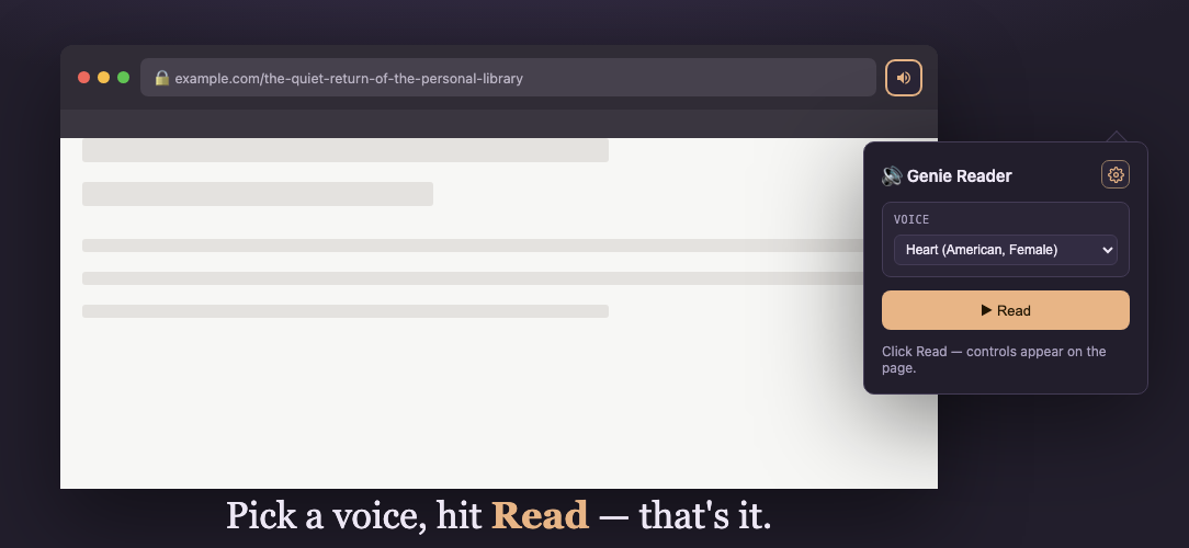 Genie Reader's Chrome extension popup, showing the voice picker